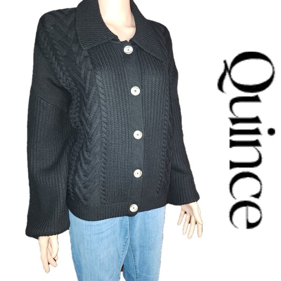 Quince Sweaters - Quince Women’s Merino Wool Collared Cardigan NWT Black Large